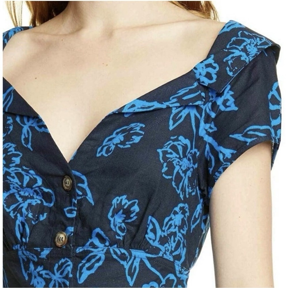 Free People A Thing Called Love Navy Linen Blend Retro Mini Dress Sz 4 - Picture 3 of 9
